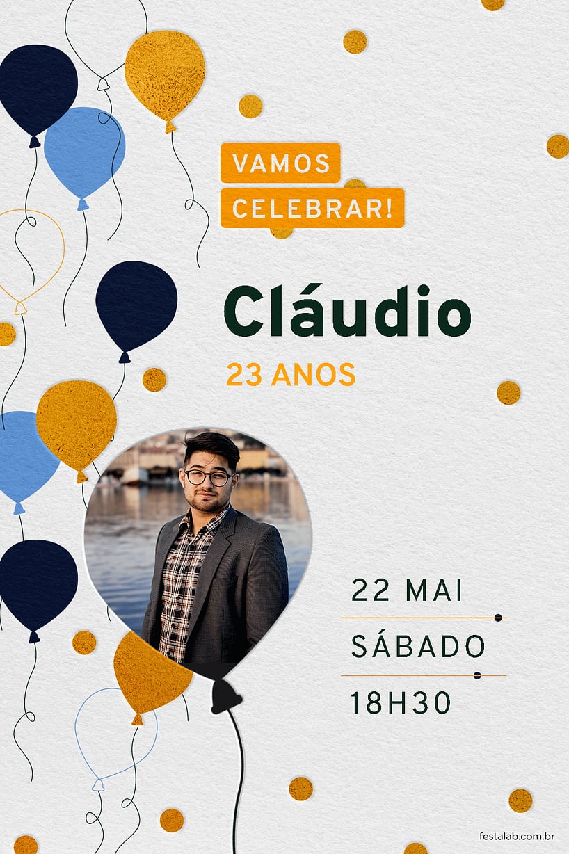 Convite de Aniversario Adulto - Baloes Azul e Amarelo